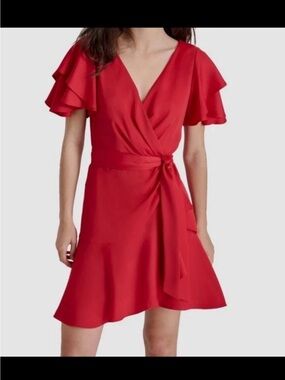 DKNY Women Red Satin Flutter-Sleeve Tiered Self-Tie Mini Dress Petite Size 10P